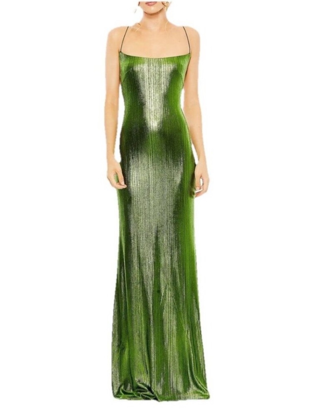 NEW NWT Ieena for Mac Duggal Metallic Apple Green Corset Back Column Gown